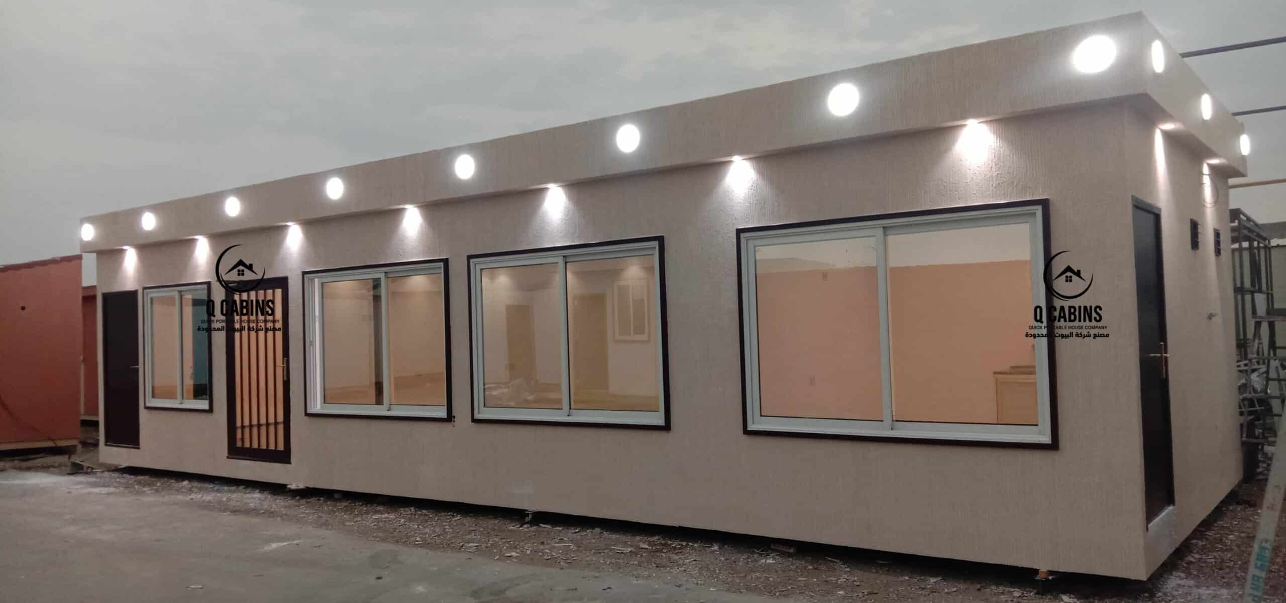 Long executive cement board porta cabin with modern outdoor lighting