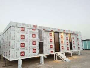 Modern prefab site office porta cabin interior setup for employees and staff workstation