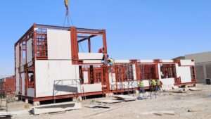 Modular site office installation using sandwich panel cladding in Riyadh construction site
